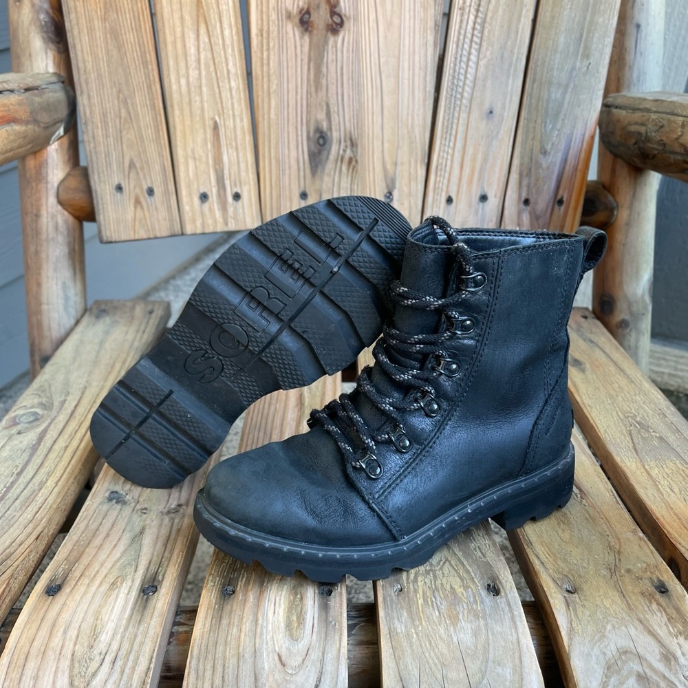 Sorel Lennox Black Combat Ankle Boot Size 6.5 Lace Up Waterproof